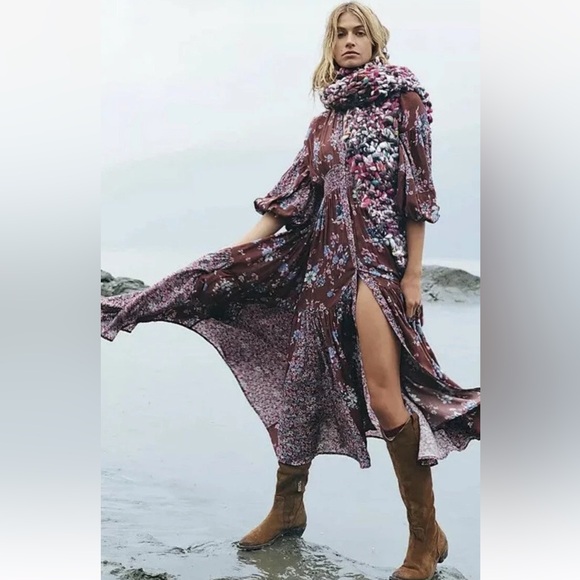 Free People Prairie Punk Shirt Dress in Cocoa Combo‎ Button Closure - Picture 1 of 12